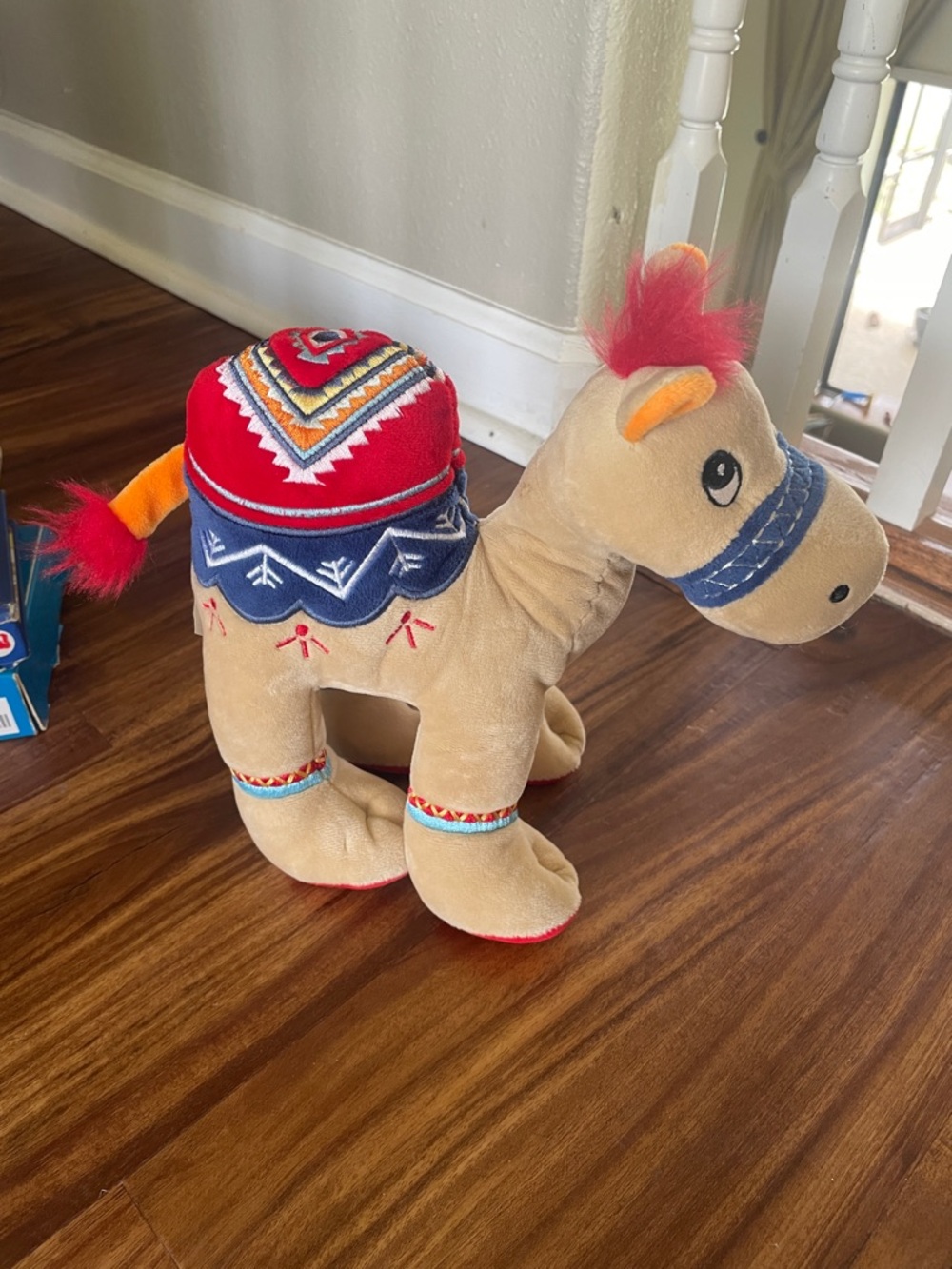 Plush camel Stuffed Animal - Beige with Red Mane Blue Bridle embroidered saddle